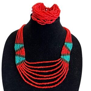 Multi 7 Strand Orange Large Seed Beaded Necklace w/ Matching 30 Strand Bracelet